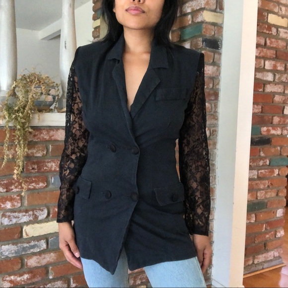 Vintage Jackets & Blazers - Vintage 1980s Glam Goth Lace Sheer Sleeves Blazer Top by Contempo Casuals